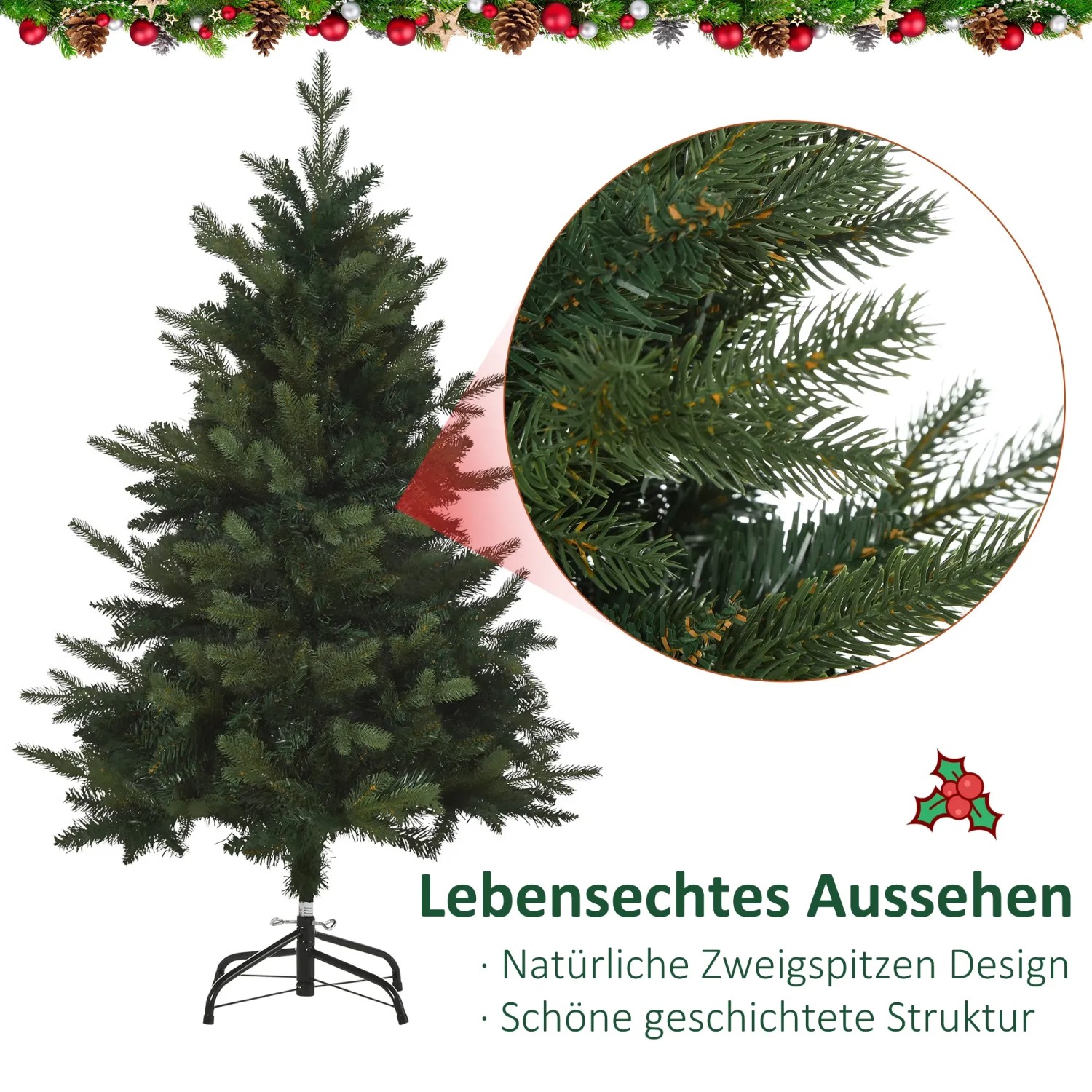 HOMCOM Weihnachtsbaum, 1,2 m, Kunsttanne mit 657 Zweigen und Metallfuß.