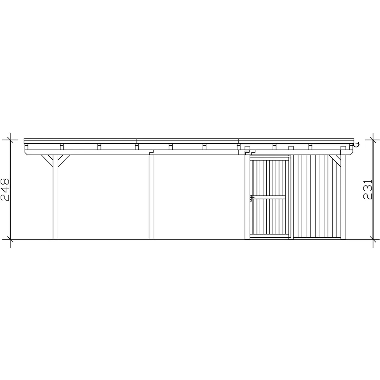 Skizze: Weißer Skan Holz Carport Emsland mit Abstellraum, Seitenansicht mit Maßangaben.