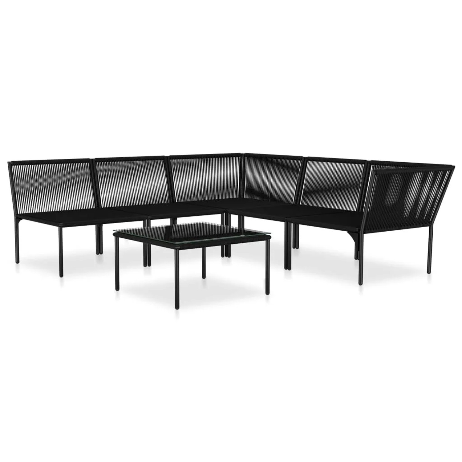 Schwarzes 6-tlg. vidaXL Garten-Lounge-Set mit Auflagen und Tisch. Gartenmöbel aus PVC-Draht und Stahl.