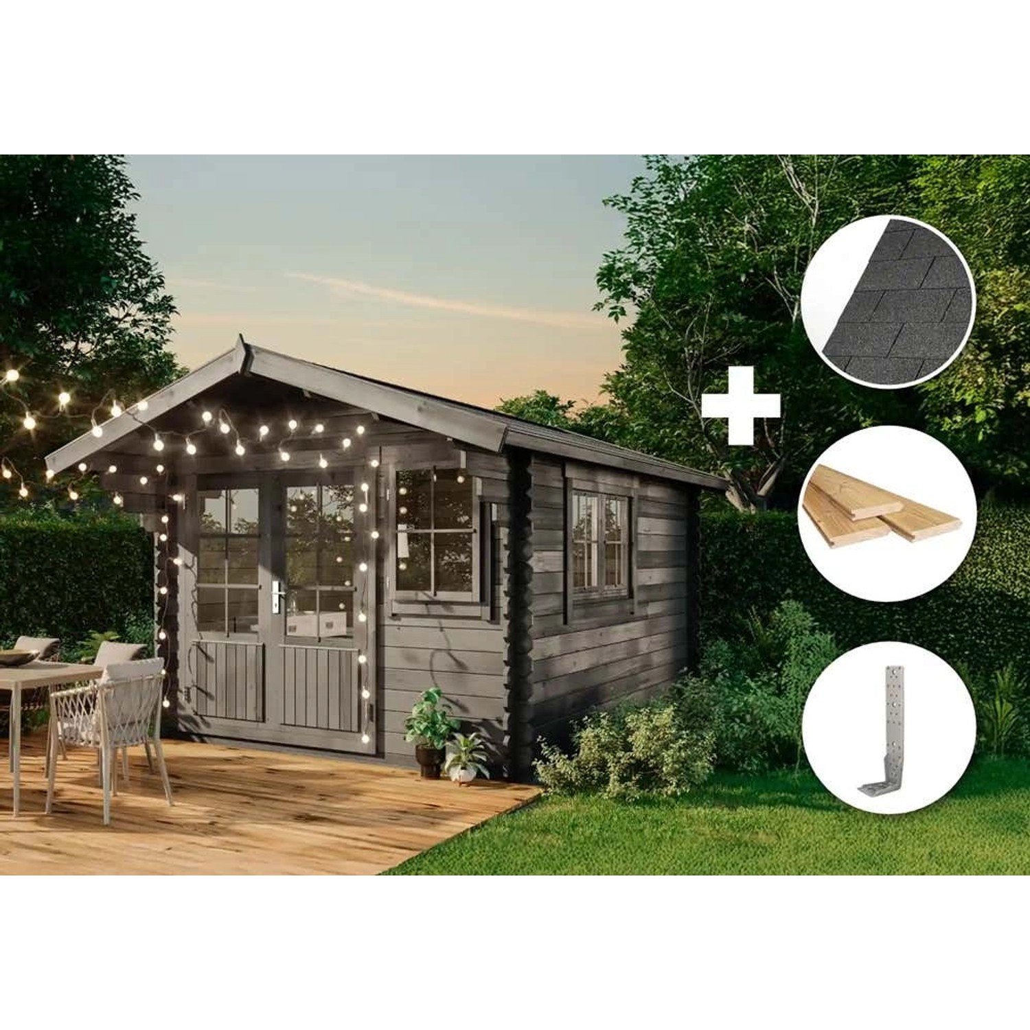 Graues Alpholz Gartenhaus Set Gabriel-34 mit Dacheindeckung und Fußboden (300x400cm).