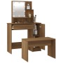 vidaXL Schminktisch-Set mit LED, Eichen-Optik, inklusive Hocker und Spiegel mit Beleuchtung.