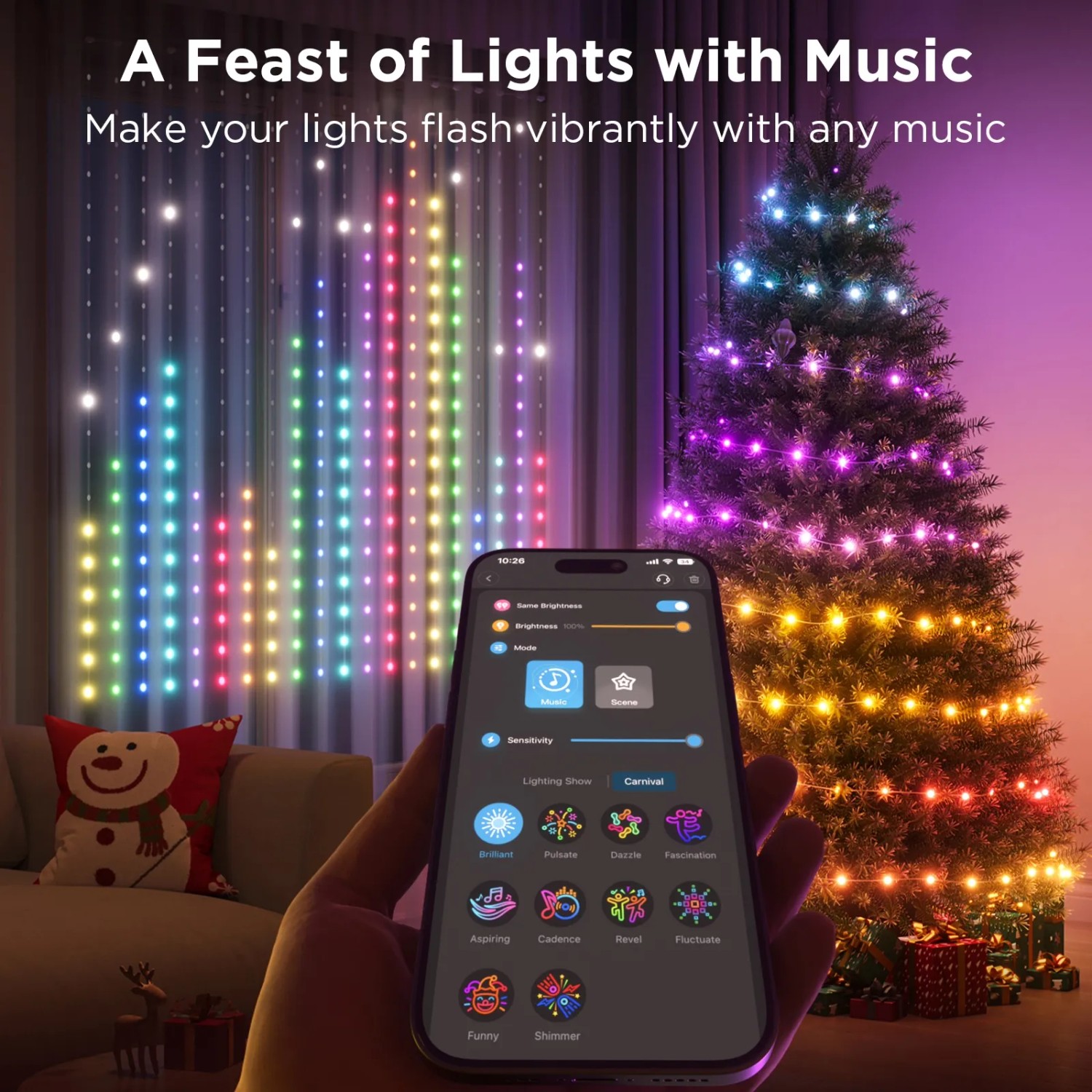 Govee X Netflix Gardinenleuchte H70BC mit bunten LED-Effekten und Smartphone-Steuerung.