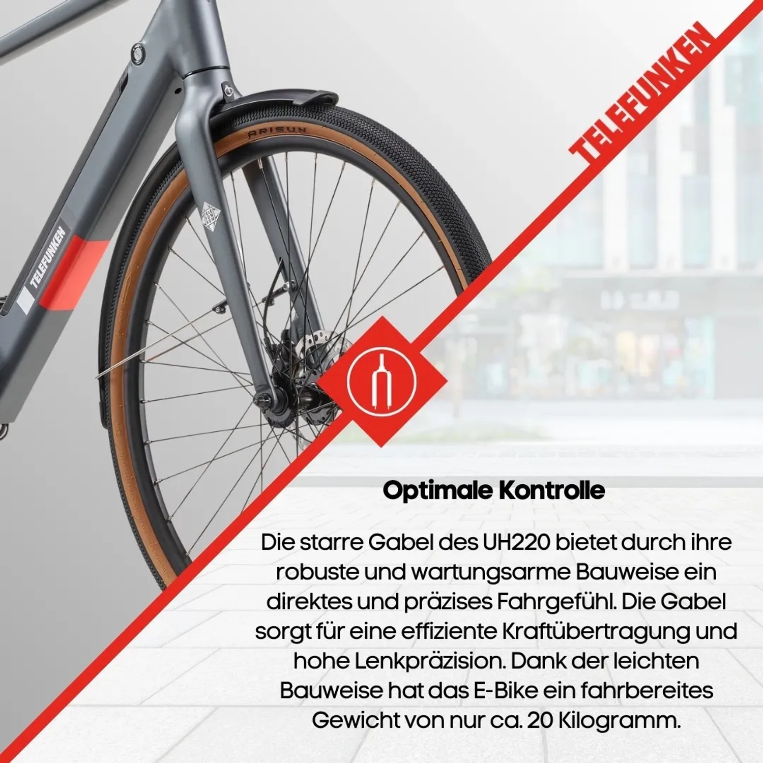 TELEFUNKEN UH220 Urban E-Bike in Titangrau, 28 Zoll. Detailaufnahme von Gabel und Vorderrad.