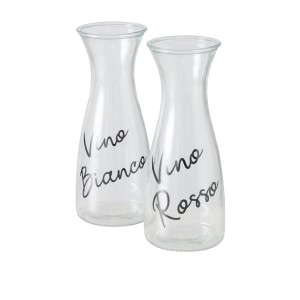 Zwei transparente Boltze Cucina Karaffen aus Glas, je eine mit Aufschrift 'Vino Bianco' und 'Vino Rosso'.