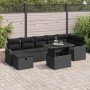 Schwarzes 8-teiliges vidaXL Garten-Sofa-Set aus Poly Rattan mit Tisch und Kissen.