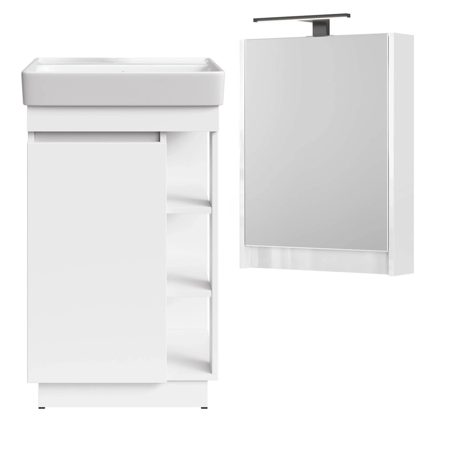 Planetmöbel Badmöbel Set NYX 50 cm Matt Weiß mit Waschbecken LED Spiegelschrank