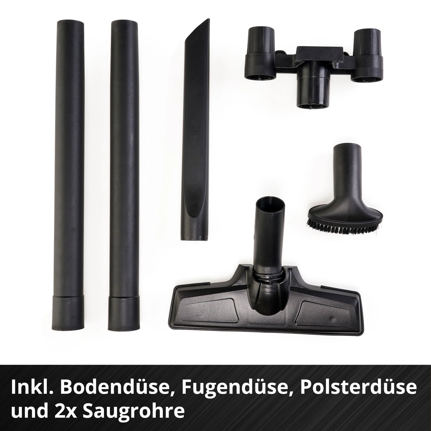 Schwarzes Zubehör für Einhell Akku-Handstaubsauger: Bodendüse, Fugendüse, Polsterdüse, 2 Saugrohre.