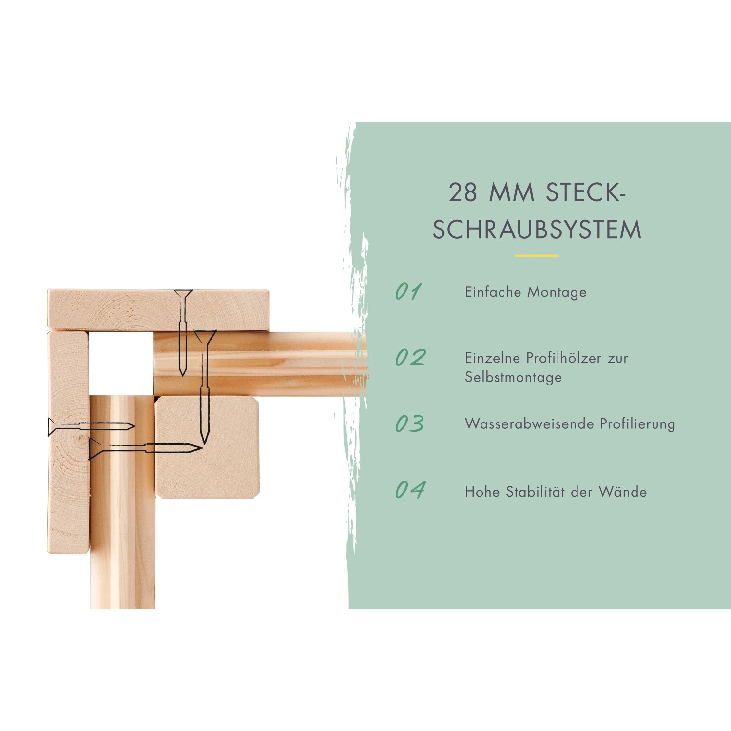 Detailaufnahme Steck-Schraubsystem (28mm) für Karibu Holz-Gartenhaus: einfache Montage, wasserabweisende Profilierung, hohe Stabilität.