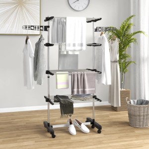 HOMCOM Wäscheständer, Edelstahl, schwarz, mit Kleidung und Handtüchern behangen.