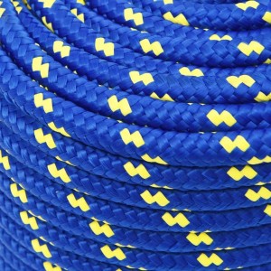 Blaues Bootsseil (12mm, 100m) aus Polypropylen mit gelben Markierungen.