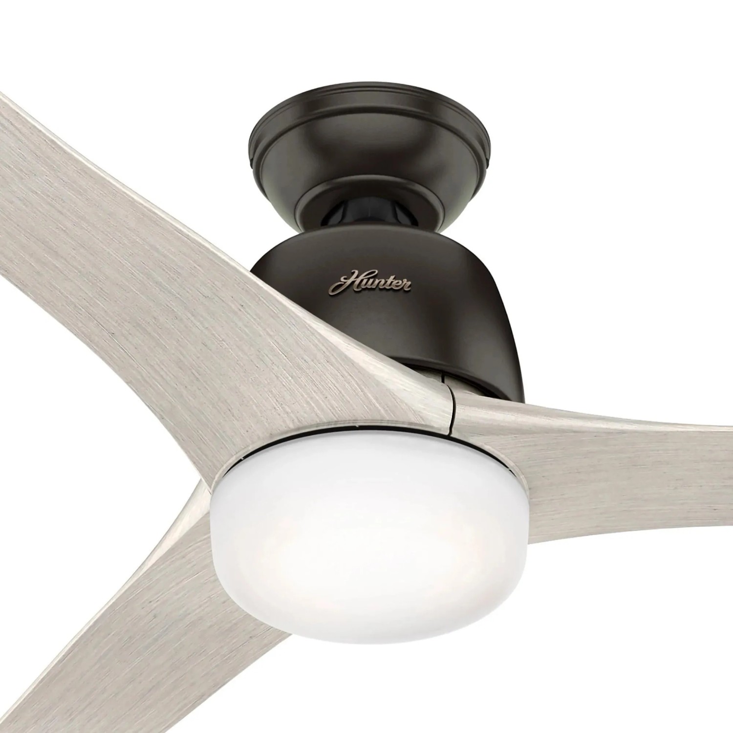 HUNTER Deckenventilator Harmony Bronze mit Licht und Fernbedienung, Flügel in Eiche hellgrau.