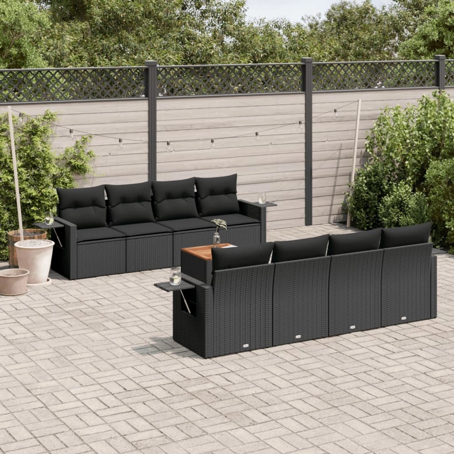 Schwarze 9-tlg. vidaXL Garten-Sofagarnitur aus Poly Rattan mit Kissen für Terrasse oder Garten.