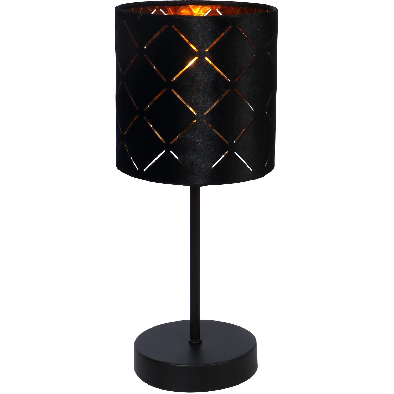 Schwarze Globo Tischlampe Sunna mit Dekorstanzungen, 35cm hoch. Moderne Design-Tischleuchte.