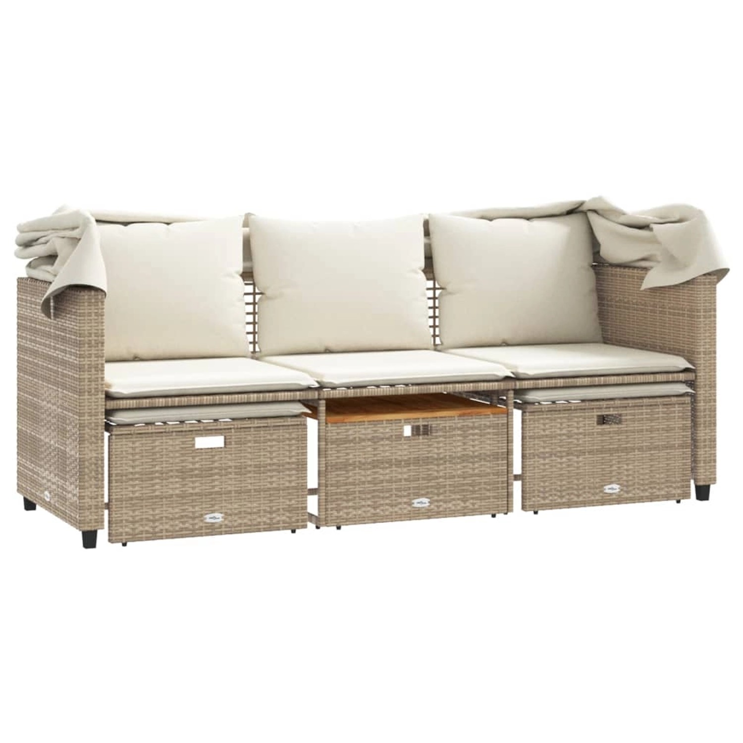 Beiges 3-Sitzer Outdoor-Sofa mit Dach, Hockern und Tisch aus Polyrattan. Lounge-Gartenmöbel Set.