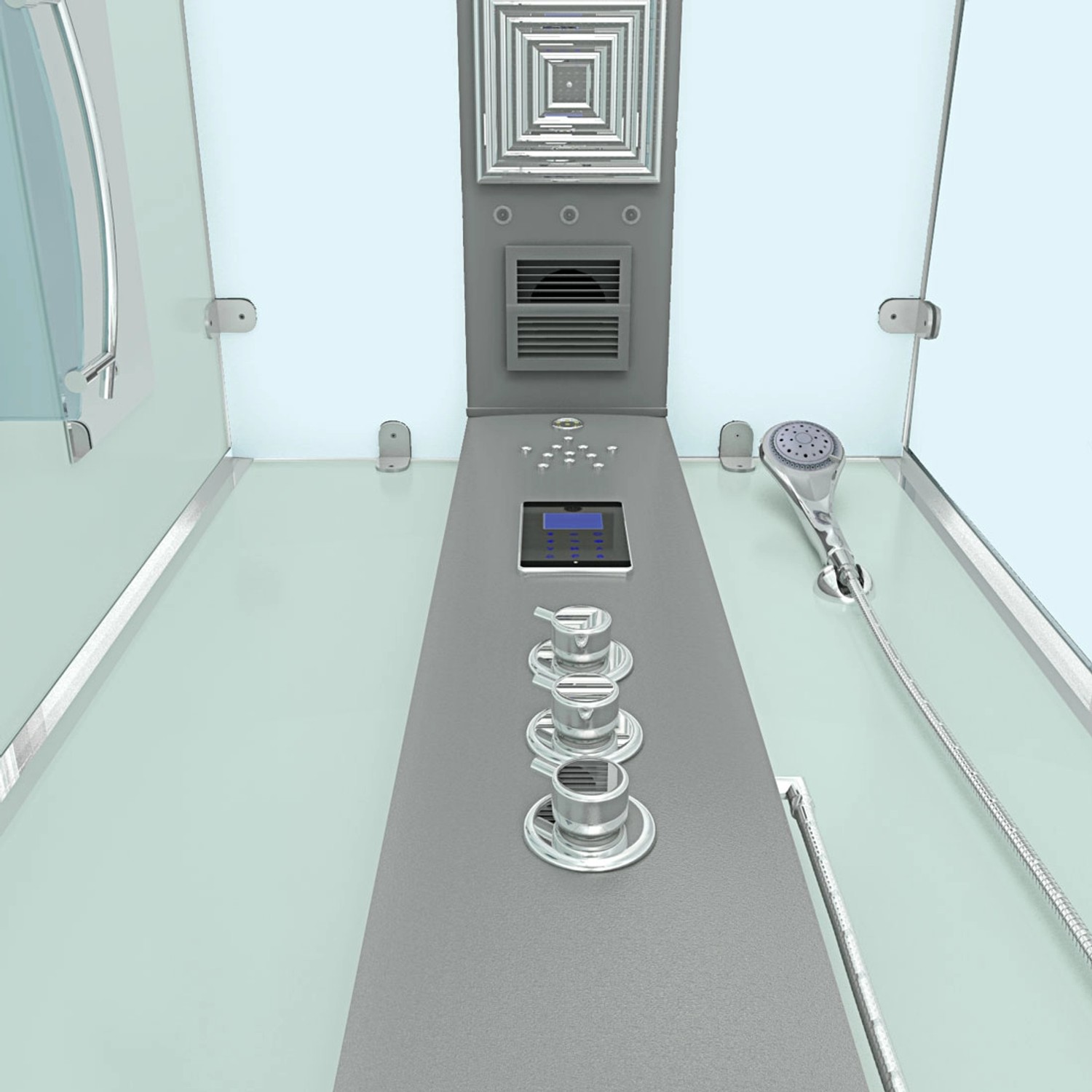 Innenansicht der AquaVapore Duschkabine 90x90 cm mit Armaturen, Handbrause und Bedienelementen.