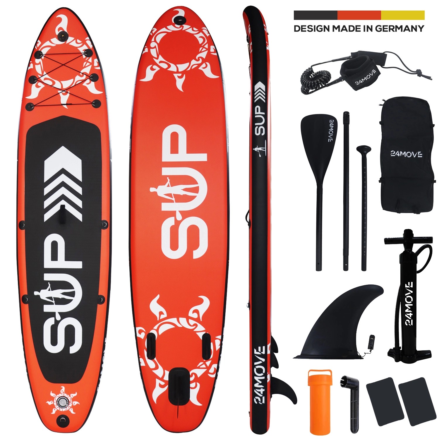 24MOVE Standup Paddle Board SUP- inkl. umfangreichem Zubehör - Rot - 366 x 80 x 15cm