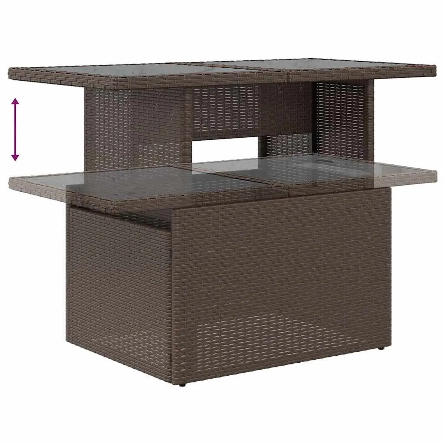 Brauner vidaXL Gartentisch aus Poly Rattan mit Glasplatte, Teil eines 7-teiligen Garten-Sofa-Sets.
