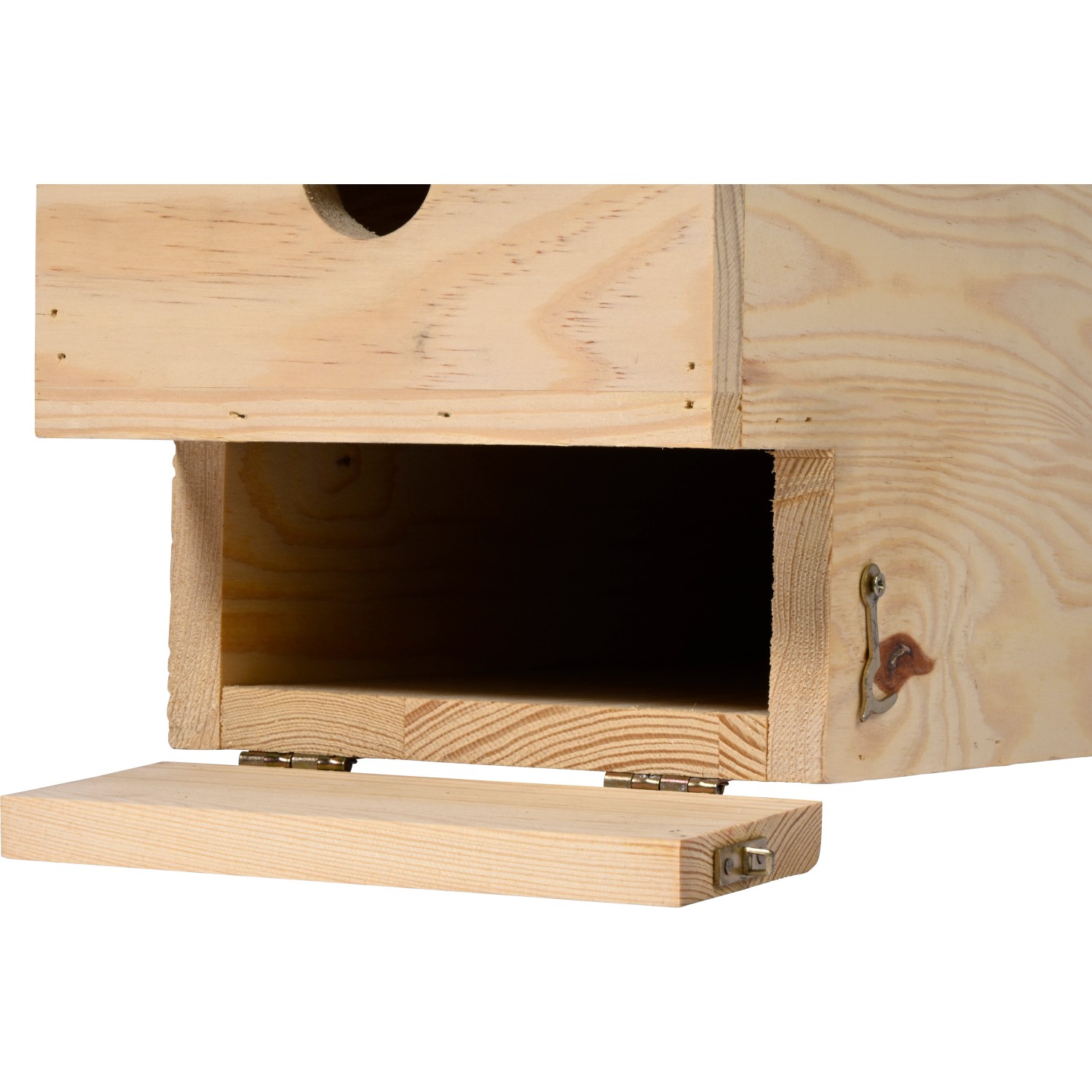 Offener Nistkasten für Höhlenbrüter aus Kiefernholz mit Reinigungsklappe.