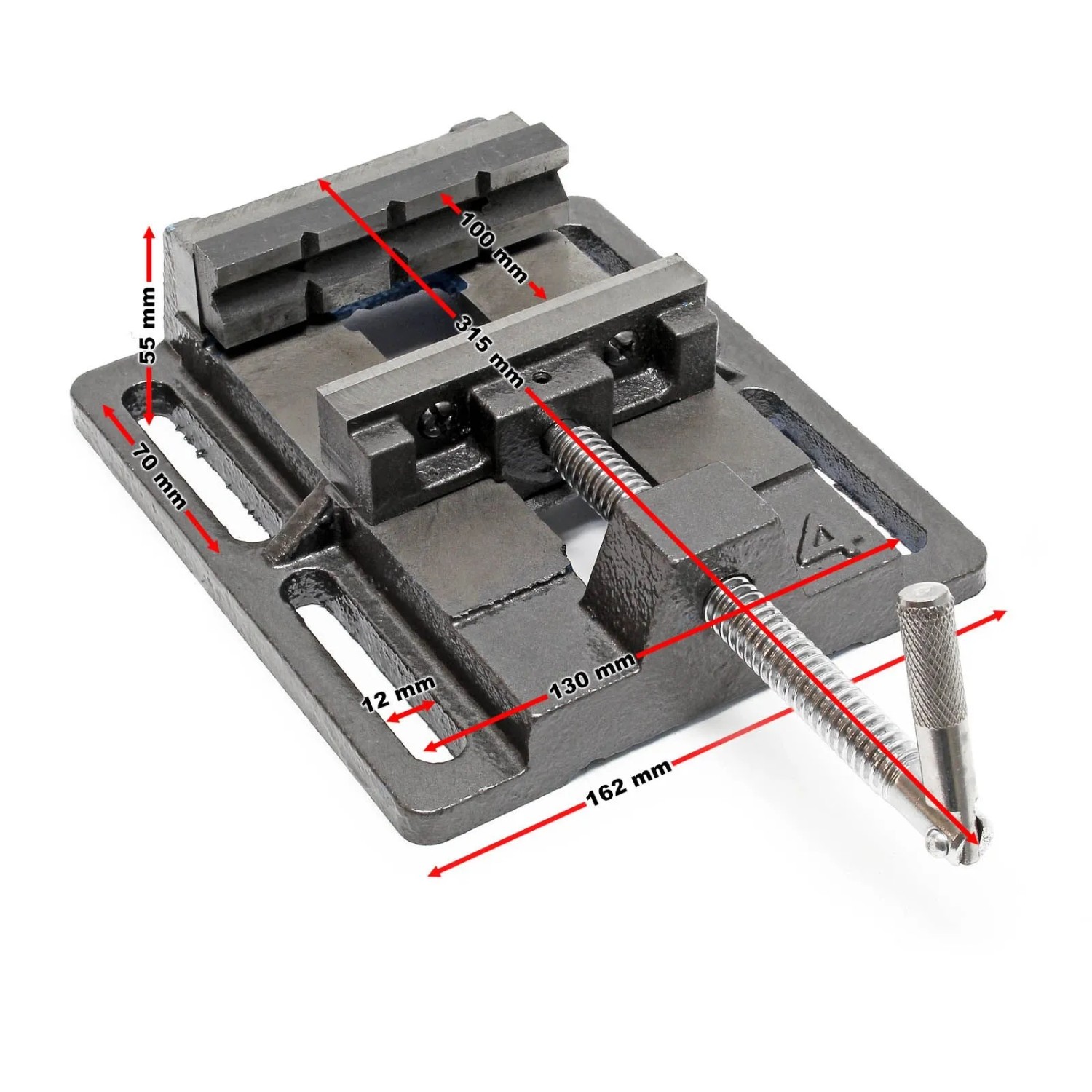 Robuster Wiltec Maschinenschraubstock aus Gusseisen, 100mm Spannweite, mit Maßen. Ideal für Werkstatt & Tischbohrmaschine.