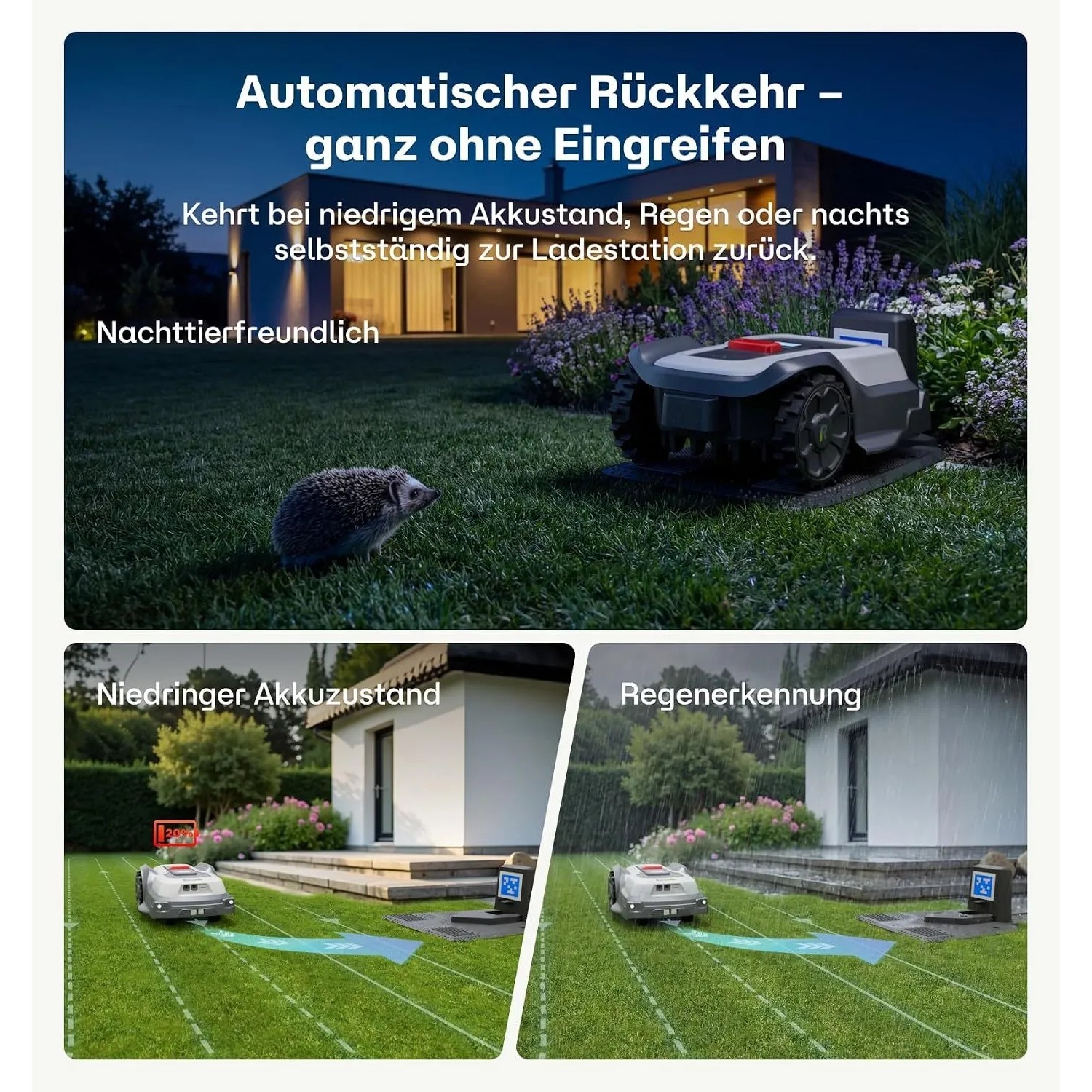 RoboUP T600 Mähroboter kehrt bei niedrigem Akku, Regen oder nachts zur Ladestation zurück. Mit Igel-Schutz.
