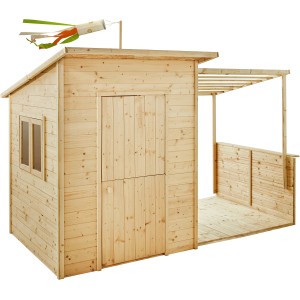 Soulet Kinderspielhaus Santa Barbara aus Holz mit Anbau und Windspiel.