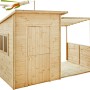 Soulet Kinderspielhaus Santa Barbara aus Holz mit Anbau und Windspiel.