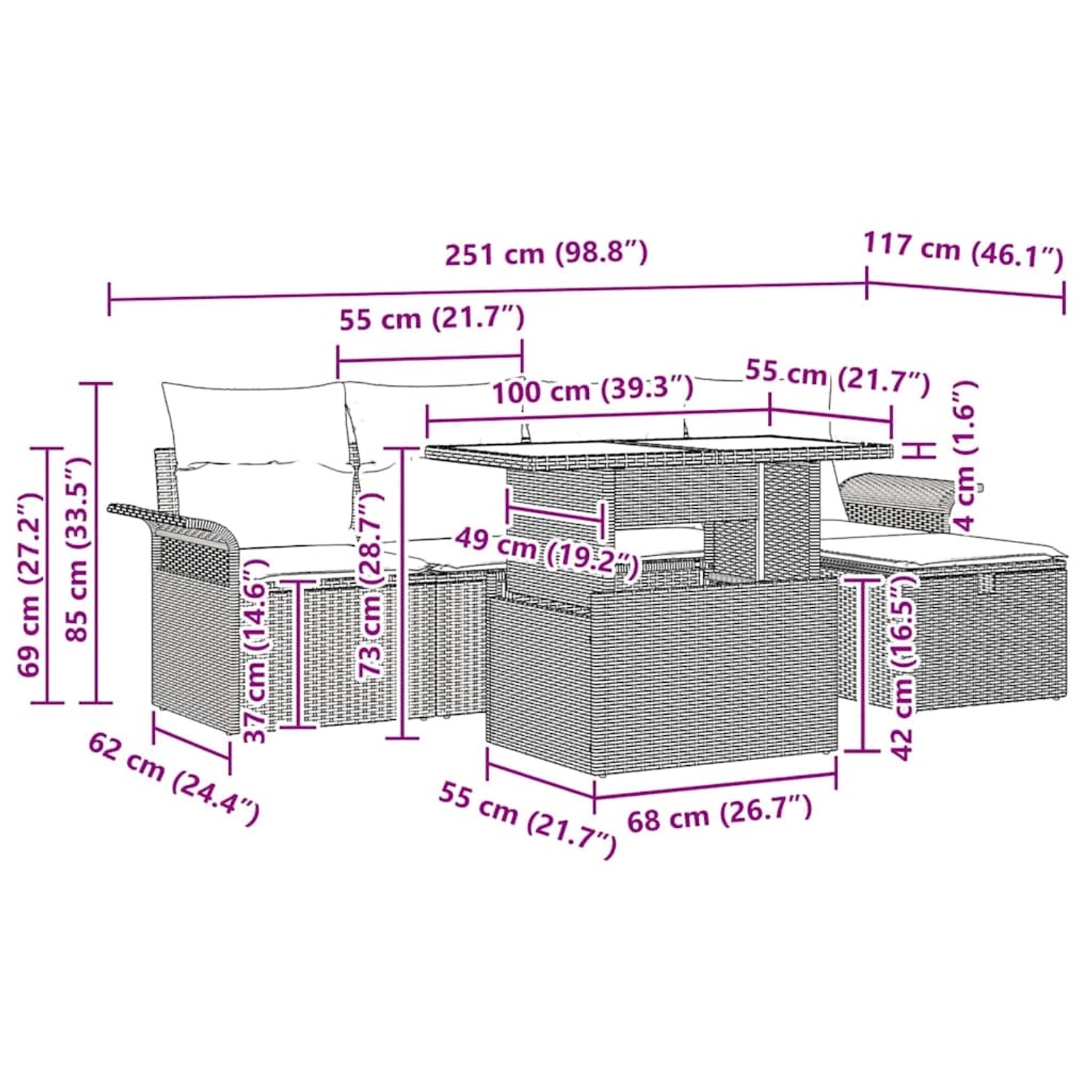 vidaXL Gartenmöbel-Set, 6-teilig, beige Poly Rattan, mit Maßen. Ideal für Terrasse und Garten.