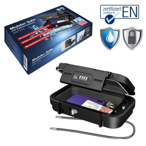 Basi mobiler Safe MSZ 200, wasserdicht mit Zahlenschloss und Stahlkabel. Tresor für unterwegs.