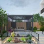 Anthrazitfarbene Weide Lamellenwand aus Aluminium für Weide Pergola, Teil einer Gartenszene.