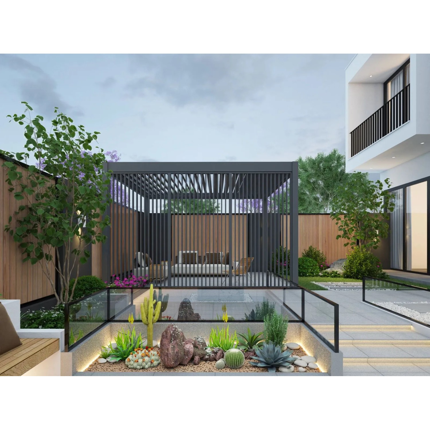 Anthrazitfarbene Weide Lamellenwand aus Aluminium für Weide Pergola, Teil einer Gartenszene.