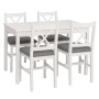 Weißes Esszimmer-Set Landhausstil aus Massivholz Kiefer mit rechteckigem Tisch und 4 gepolsterten Stühlen in Grau.