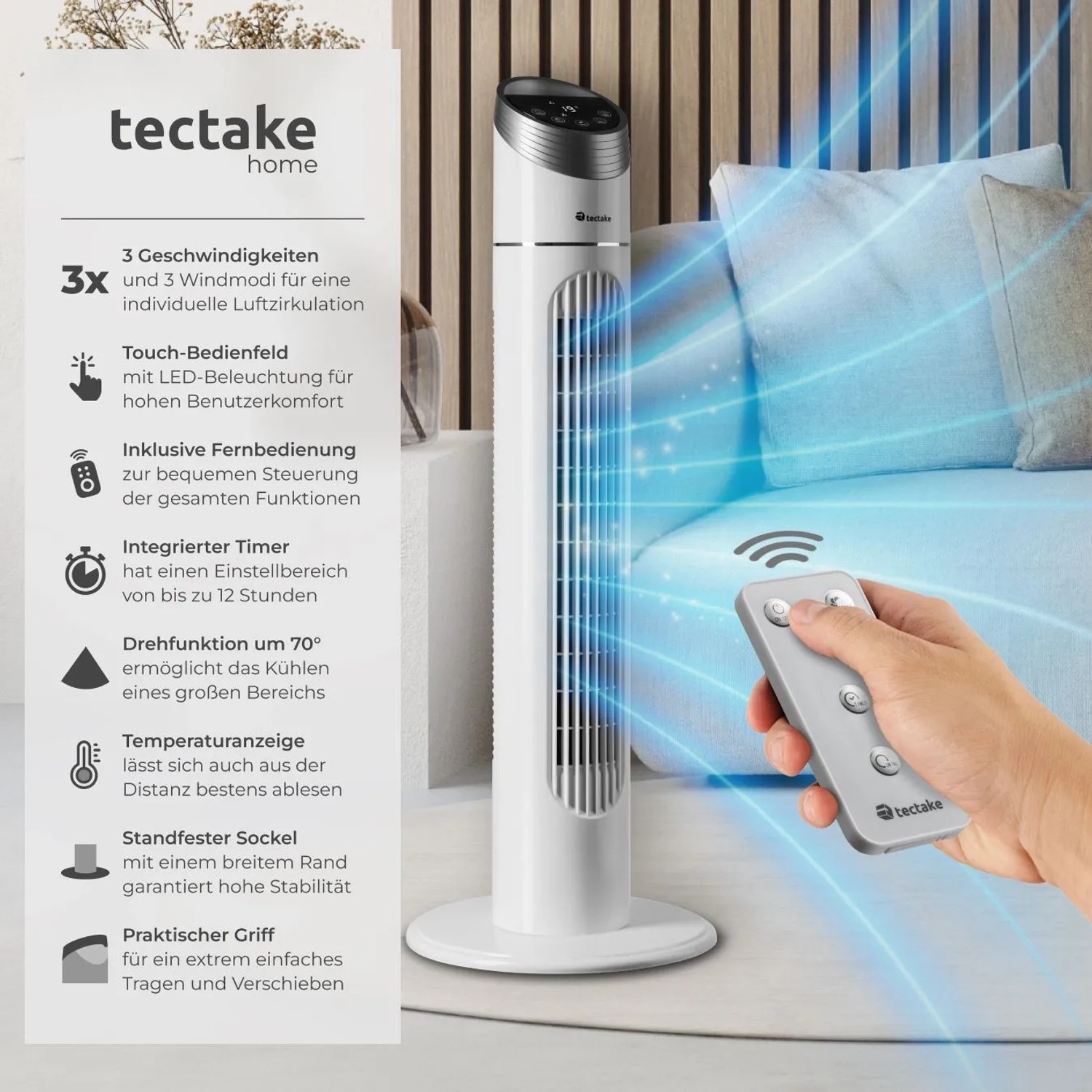 Weißer Tectake Turmventilator mit Fernbedienung, oszillierend, 90cm hoch.