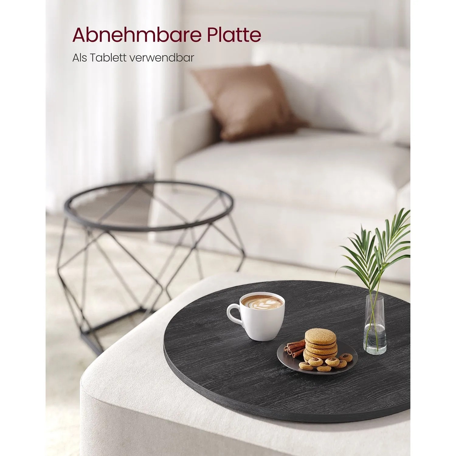 Vasagle Couchtisch 2er Set, runde, schwarze Tische mit Stahlgestell im Wohnzimmer.