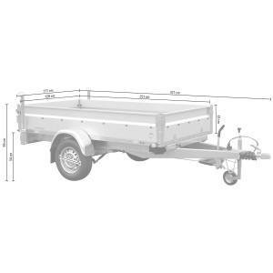 Stema Anhänger Basic ST 1300-25-13 mit Motorradtransport-Set, Seitenansicht mit Maßangaben.