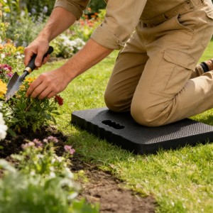 Gärtner kniet auf schwarzem, gepolstertem Relaxdays Kniekissen im Garten. Robuste Knieschutzmatte mit Griff für Outdoor-Arbeiten.