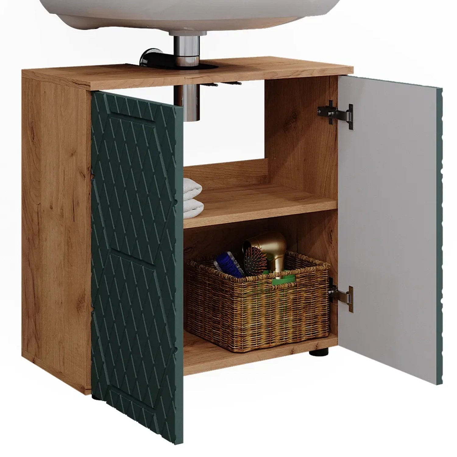 Waschbeckenunterschrank Irma in Goldkraft Eiche/Grün, 60 cm breit, mit zwei offenen Türen und Stauraum.