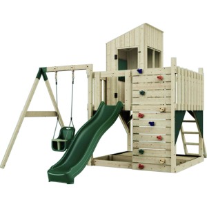 PolarPlay Spielturm Brita mit Babyschaukel und Rutsche, aus Holz mit Kletterwand.