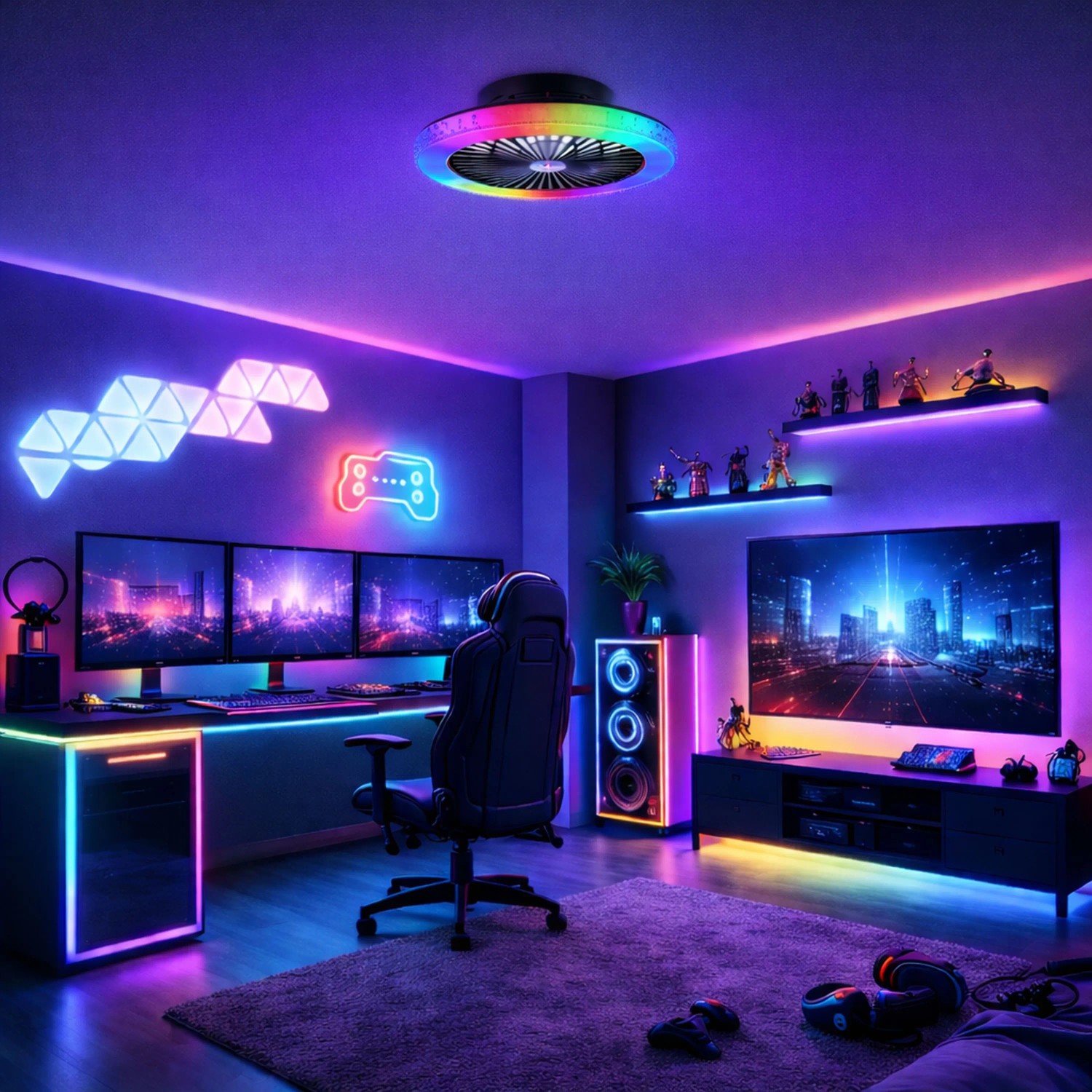 LED-Deckenleuchte Badria schwarz mit Ventilator (Ø 49cm) in modernem Gaming-Zimmer.