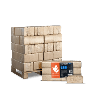 Heizfuxx RUF Original Blue Holzbriketts auf Palette. Eckige Weichholzbriketts, 10kg Gebinde, Brennstoffe für Ofen.