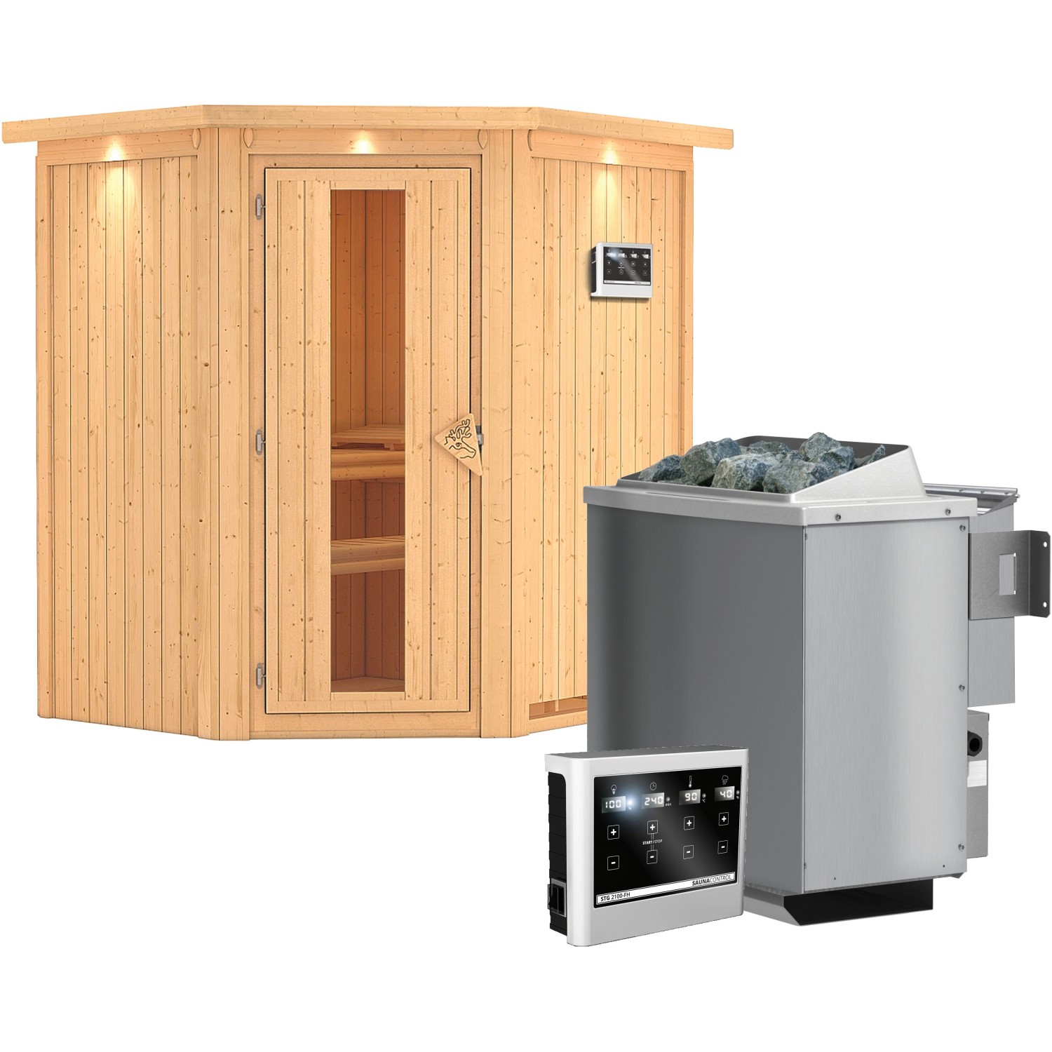 Karibu Sauna Tjorven + Bio-Ofen ext. Strg. Easy, Holz-Glastür, LED-Dachkranz