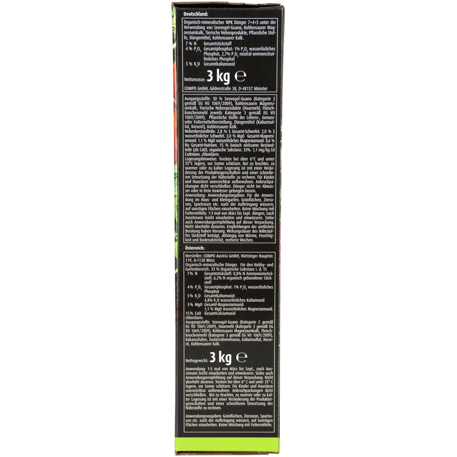 Compo Bio Naturdünger Guano 3 kg Packung für Gartenpflanzen und Gemüse.