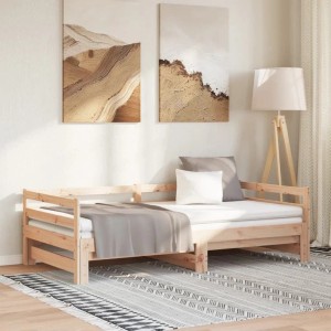 Ausgezogenes Kiefernholz-Tagesbett 80x200 cm ohne Matratze mit Kissen und Decke.
