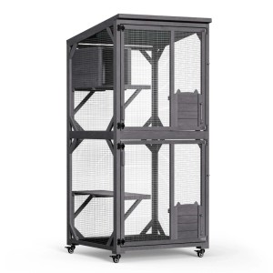 Graues Wiltec Katzenfreigehege aus Tannenholz mit Gitter, mehreren Ebenen und Rollen für den Außenbereich.