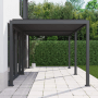 Anthrazitfarbene Pergola 3x6m auf Terrasse, mit verstellbaren Lamellen, an weißem Haus. Ideal für Garten & Sonnenschutz.