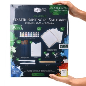 Artina Santorini Malset, 30-teilig für Acrylmalerei mit Farben, Pinseln, Leinwänden und Zubehör.
