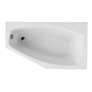 Weiße Acryl Eckbadewanne MARIKA 140x80 mit rechtem Ablauf. Glänzende Oberfläche, von oben gesehen.