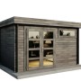 Graues Alpholz Gartenhaus Leandro-28 mit Doppeltür und Fenster. Imprägniertes Holz.