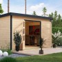 Karibu Gartenhaus Domingo 7 A, naturbelassen/anthrazit, mit geöffneter Doppeltür und Terrasse im Garten.