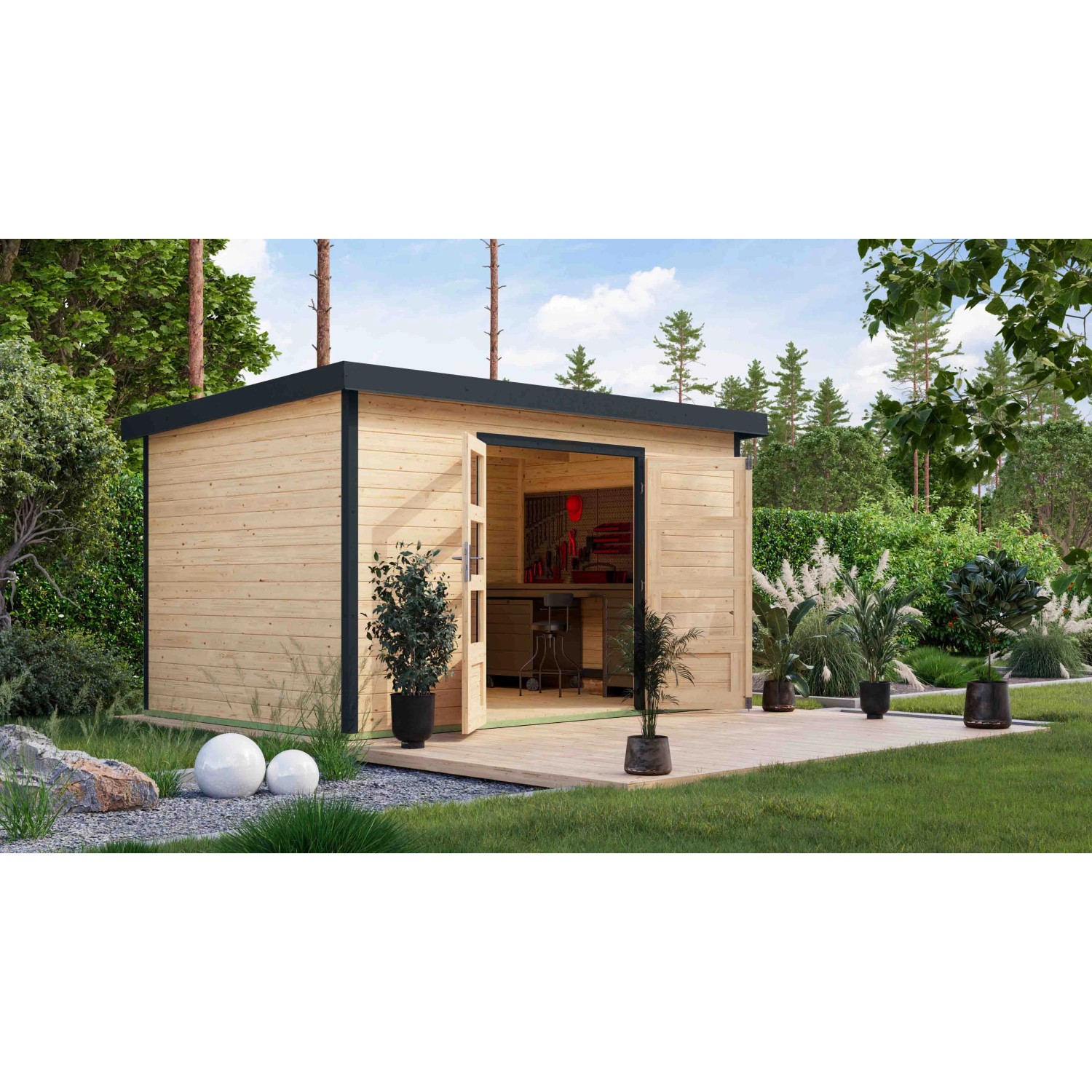 Karibu Gartenhaus Domingo 7 A, naturbelassen/anthrazit, mit geöffneter Doppeltür und Terrasse im Garten.
