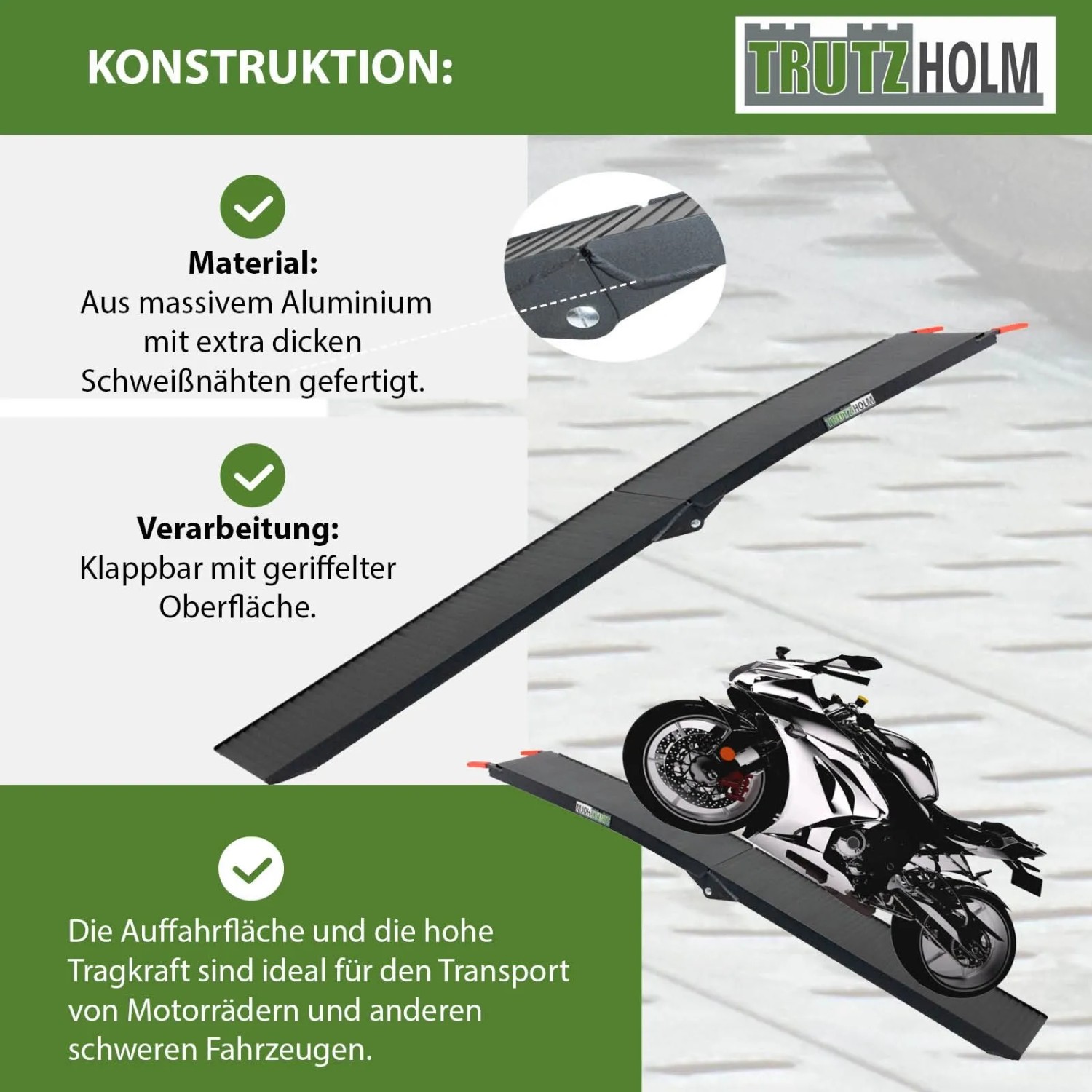TRUTZHOLM Auffahrrampe, 205 cm, klappbar, Alu, für Motorrad, Quad, Rasentraktor